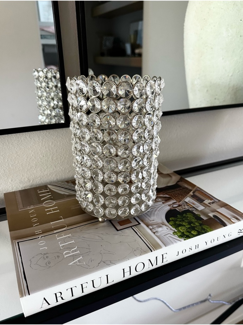 Crystal Rhinestone Beaded Silver Pillar Candle Holder - Clear